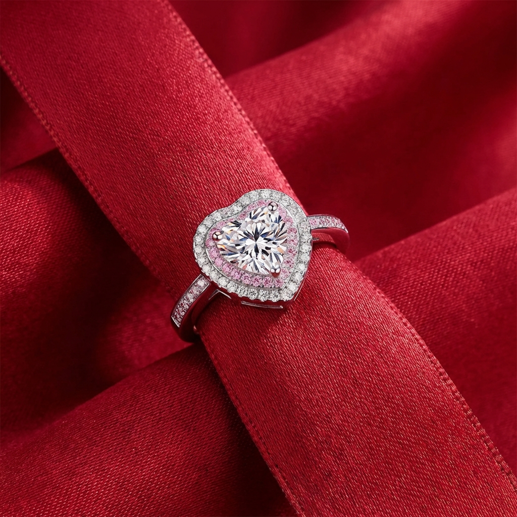 1 carat heart moissanite halo ring in rhodium-plated 925 sterling silver with pavé accents on red fabric