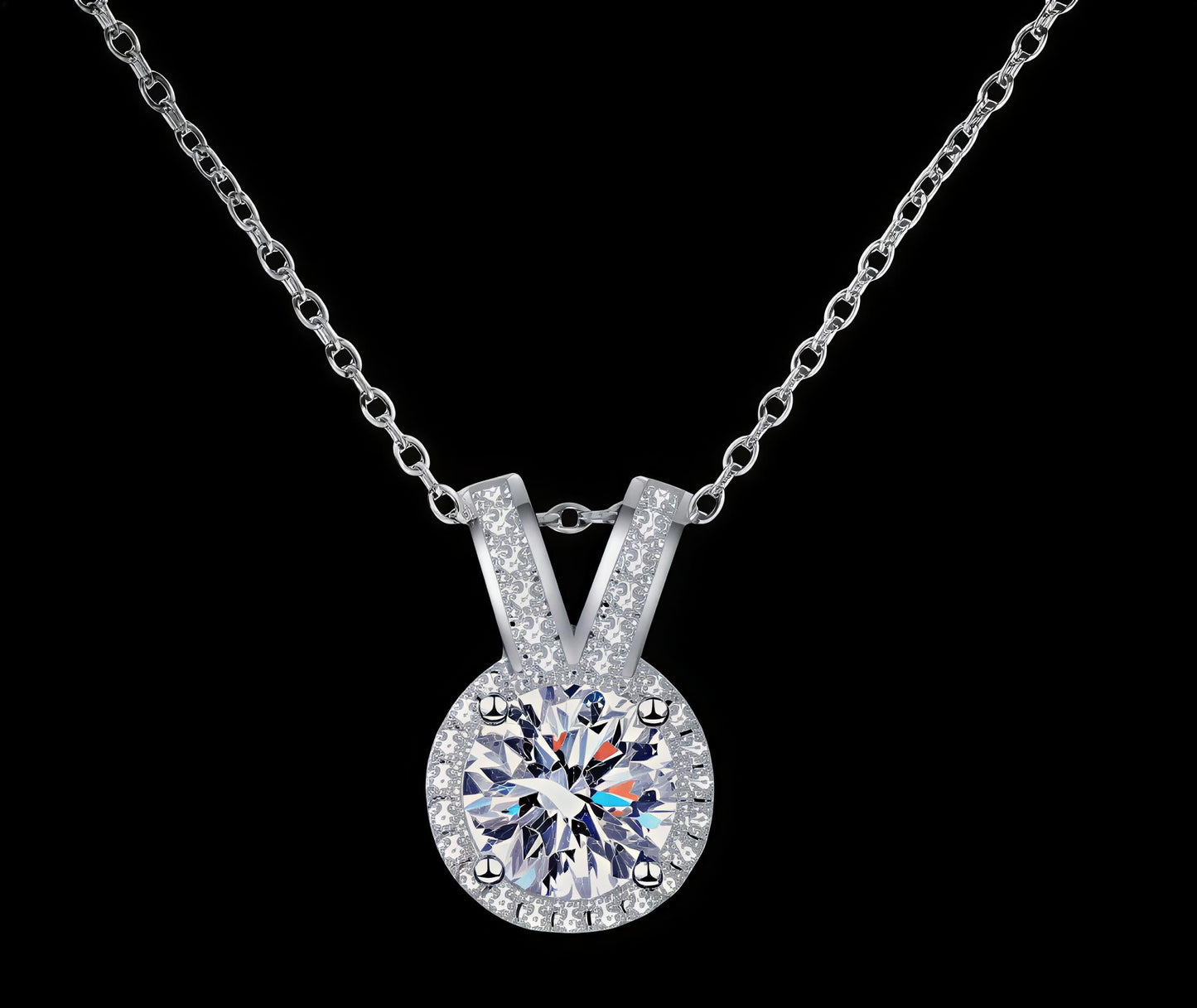 Celestia moissanite rabbit ears pendant necklace in platinum-plated sterling silver with 1 carat center stone by MerchLuxx