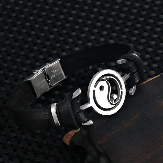 Stainless Steel Tai Chi Yin Yang Fish Leather Bracelet – Bold & Balanced | MerchLuxx - MerchLuxx