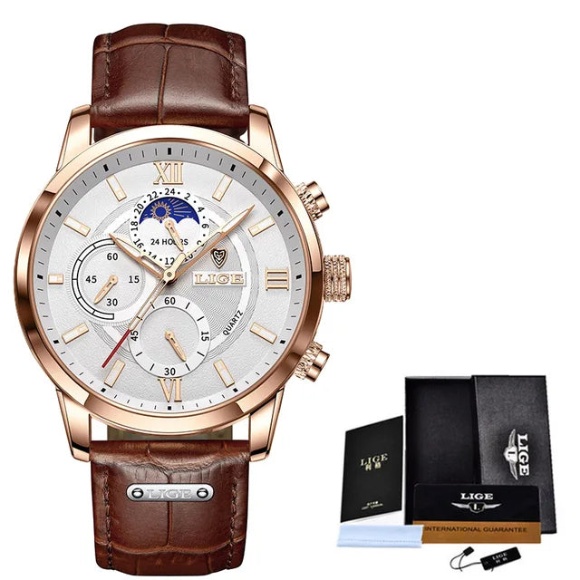 LIGE Leather Men’s Quartz Executive Watch – Timeless Luxury | MerchLuxx - MerchLuxx