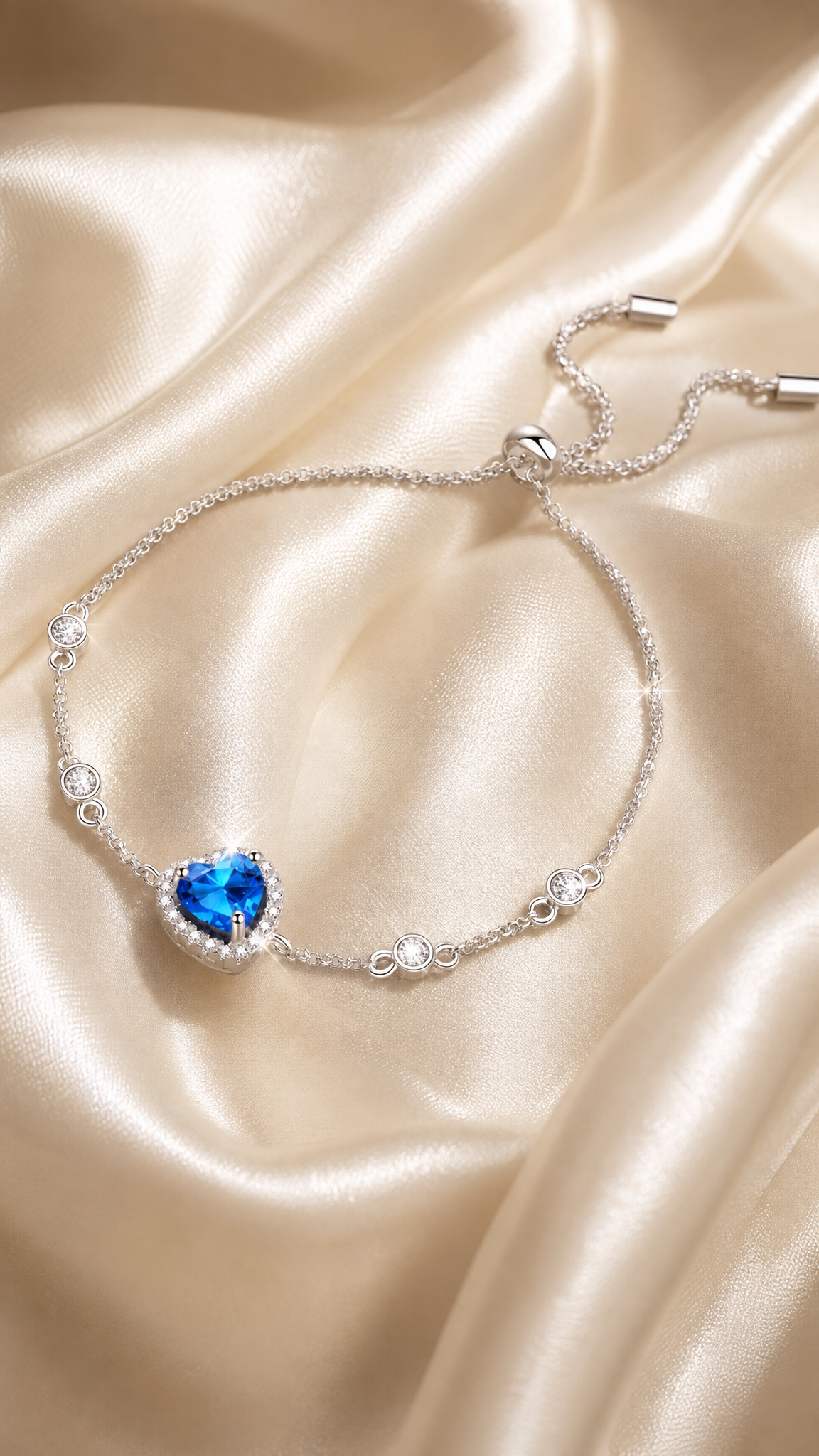 Celestara blue moissanite heart bracelet in platinum-plated sterling silver with heart accents by MerchLuxx