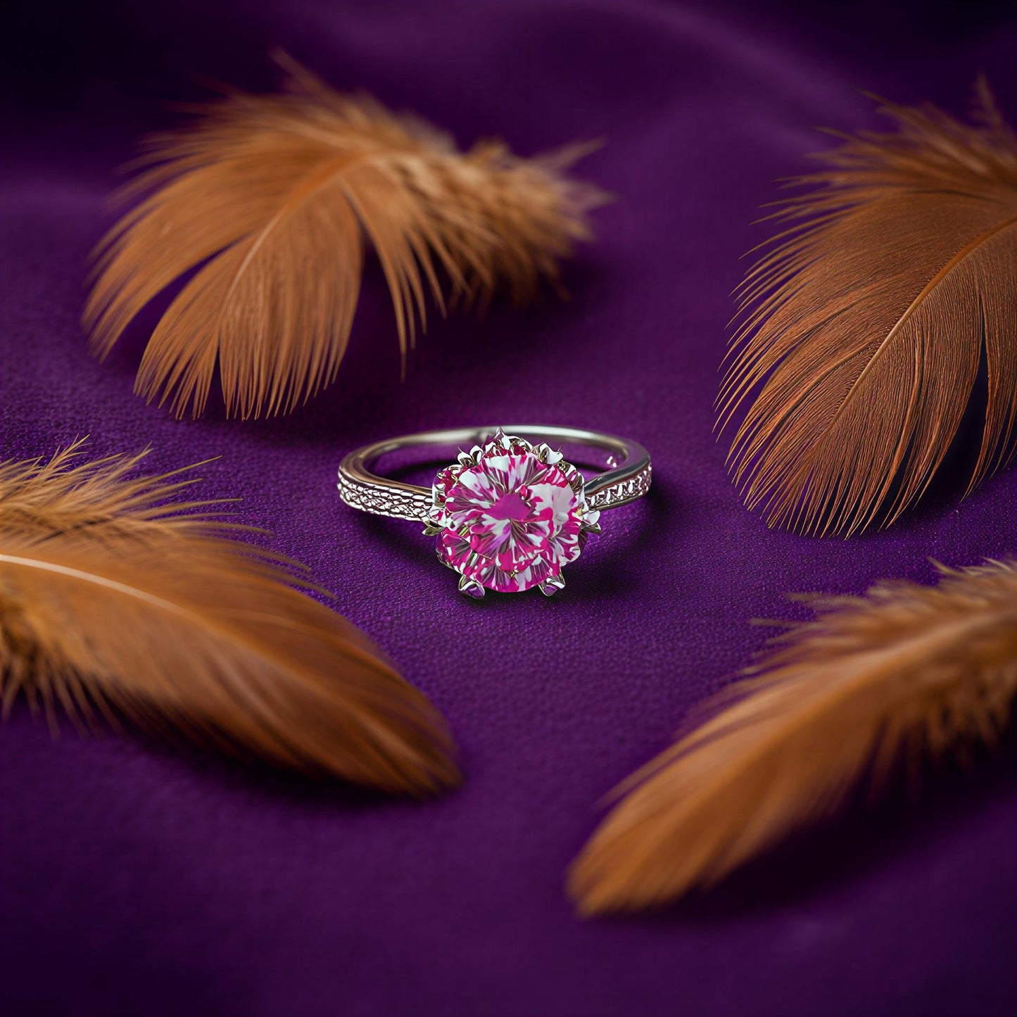 Roséluxe 2-carat pink moissanite ring in platinum-plated sterling silver by MerchLuxx surrounded by feathers on purple fabric