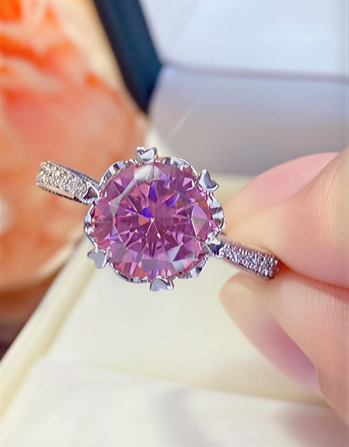 Roséluxe 2-carat pink moissanite ring in platinum-plated sterling silver by MerchLuxx