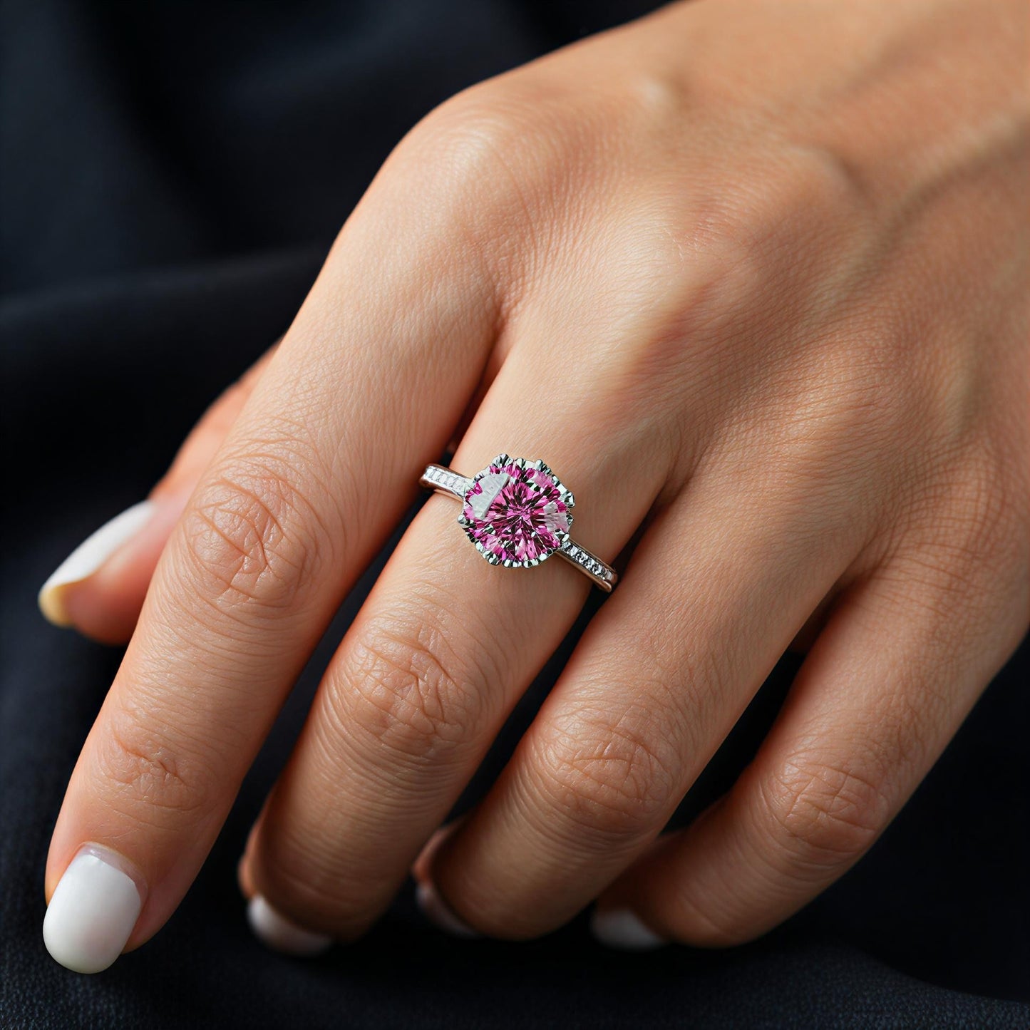 Roséluxe 2-carat pink moissanite ring in platinum-plated sterling silver by MerchLuxx worn on a womans hand