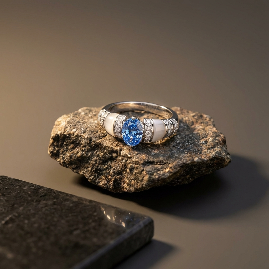 Veloria 1-carat pink and blue moissanite accent ring in platinum-plated sterling silver by MerchLuxx on a rock