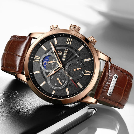 LIGE Leather Men’s Quartz Executive Watch – Timeless Luxury | MerchLuxx - MerchLuxx