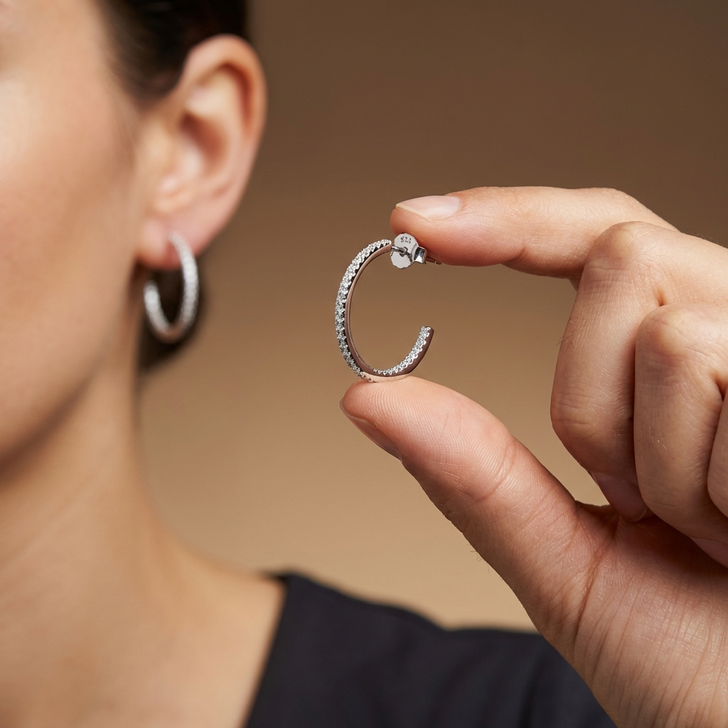 Person holding  925 sterling silver pavé zircon C-hoop earrings with full sparkle setting against a neutral background