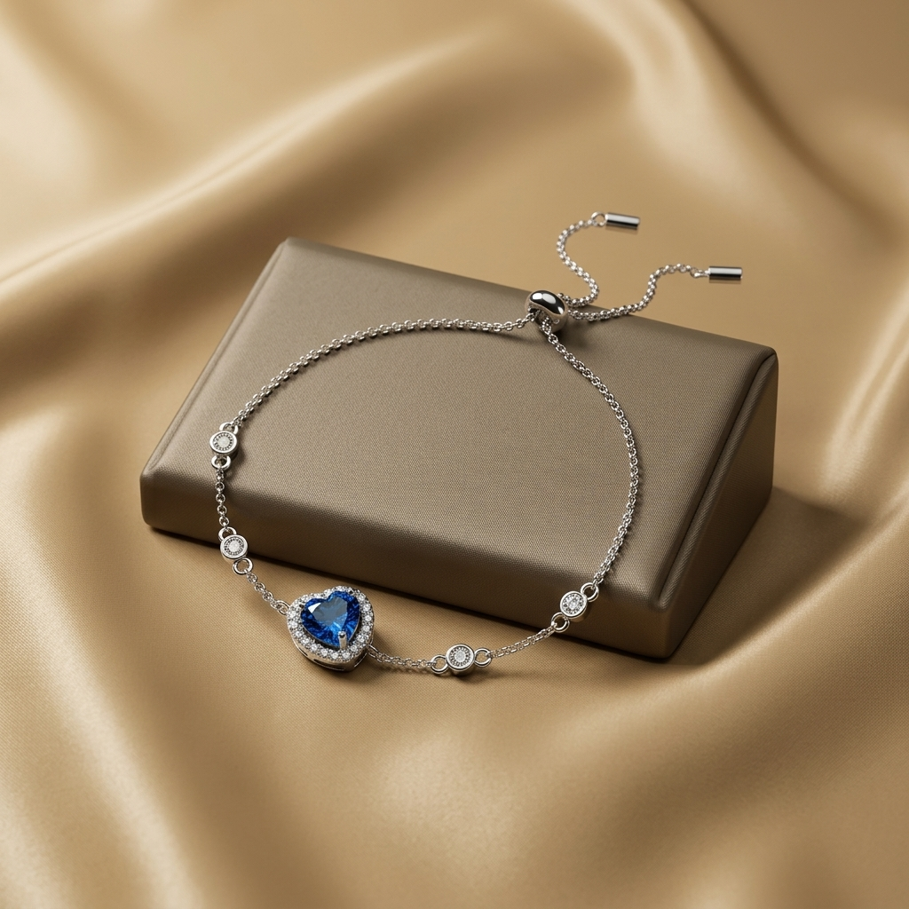 Celestara blue moissanite heart bracelet in platinum-plated sterling silver with heart accents by MerchLuxx