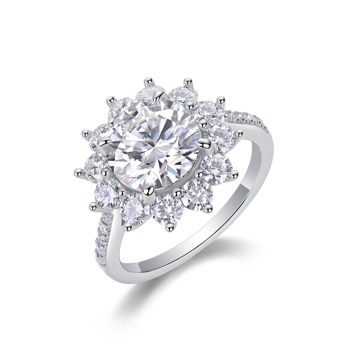 Soléa 3 carat moissanite floral halo ring in platinum-plated sterling silver statement engagement ring by MerchLuxx with a white background