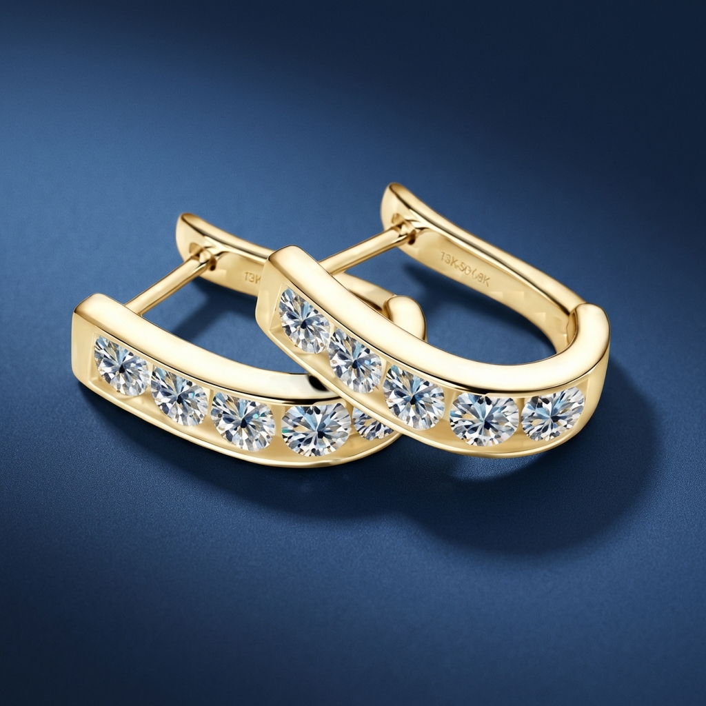 1 carat channel set moissanite earrings in platinum and 18K gold-plated 925 sterling silver