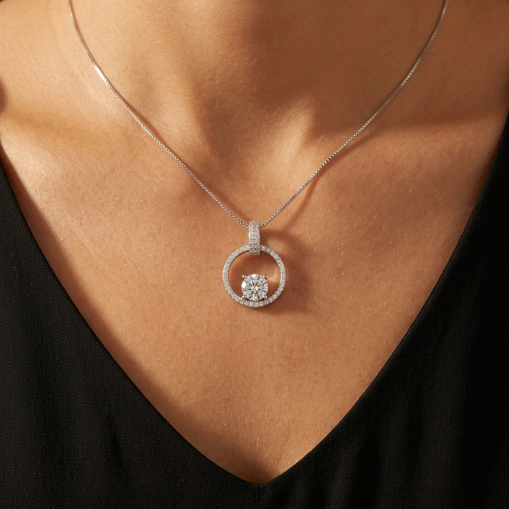 1 carat dancing moissanite circle necklace in platinum plated sterling silver