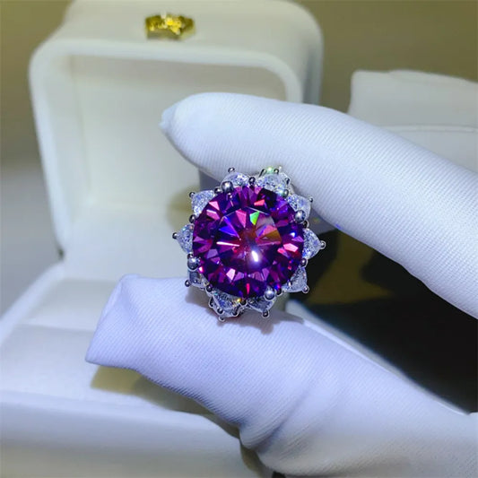Floravelle 10-carat violet moissanite floral halo ring in sterling silver by MerchLuxx