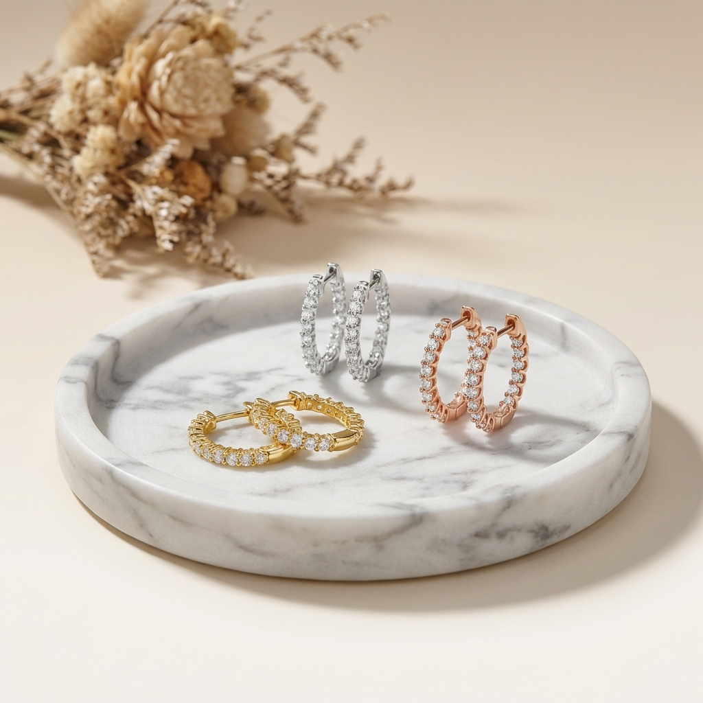 Moissanite channel hoop earrings in 925 sterling silver with platinum and gold plating options