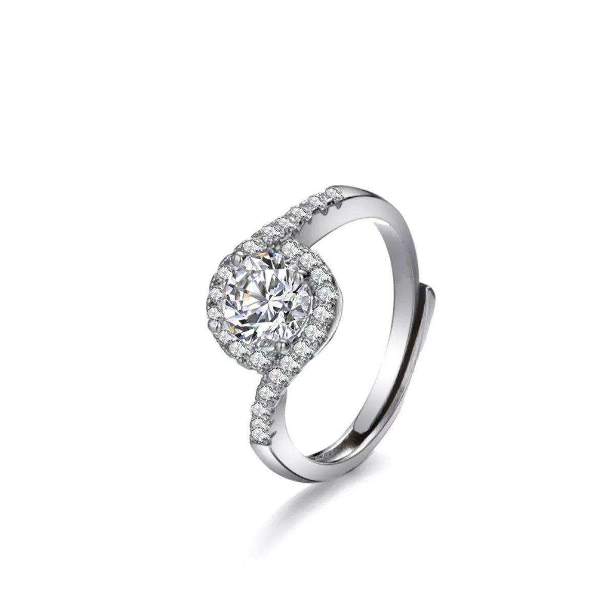 Close-up of sterling silver crossover ring with genuine moissanite