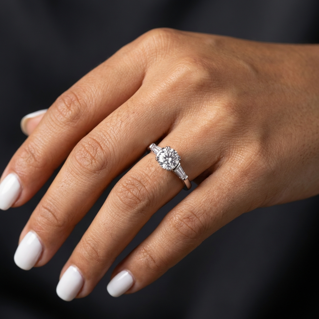 Hand wearing the Virella 1 carat moissanite three-stone ring in S925 sterling silver with baguette side stones, luxury engagement ring by MerchLuxx  on a dark background