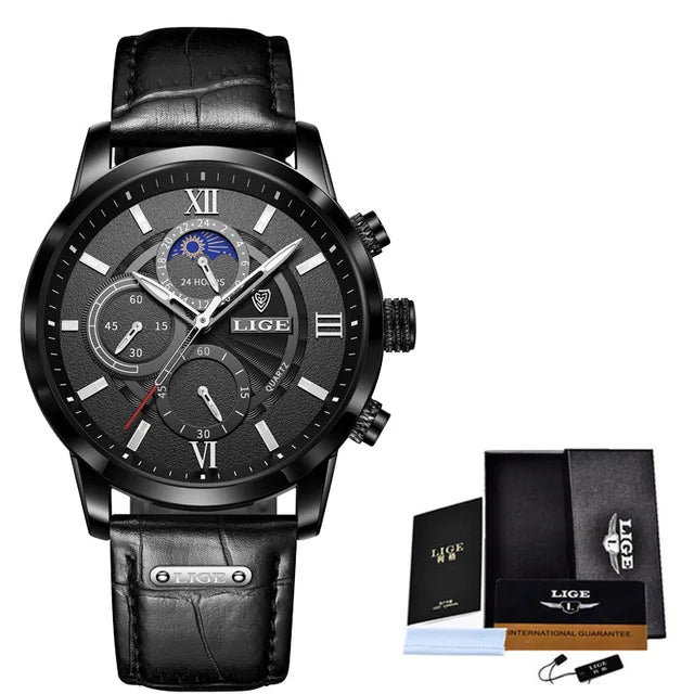 LIGE Leather Men’s Quartz Executive Watch – Timeless Luxury | MerchLuxx - MerchLuxx