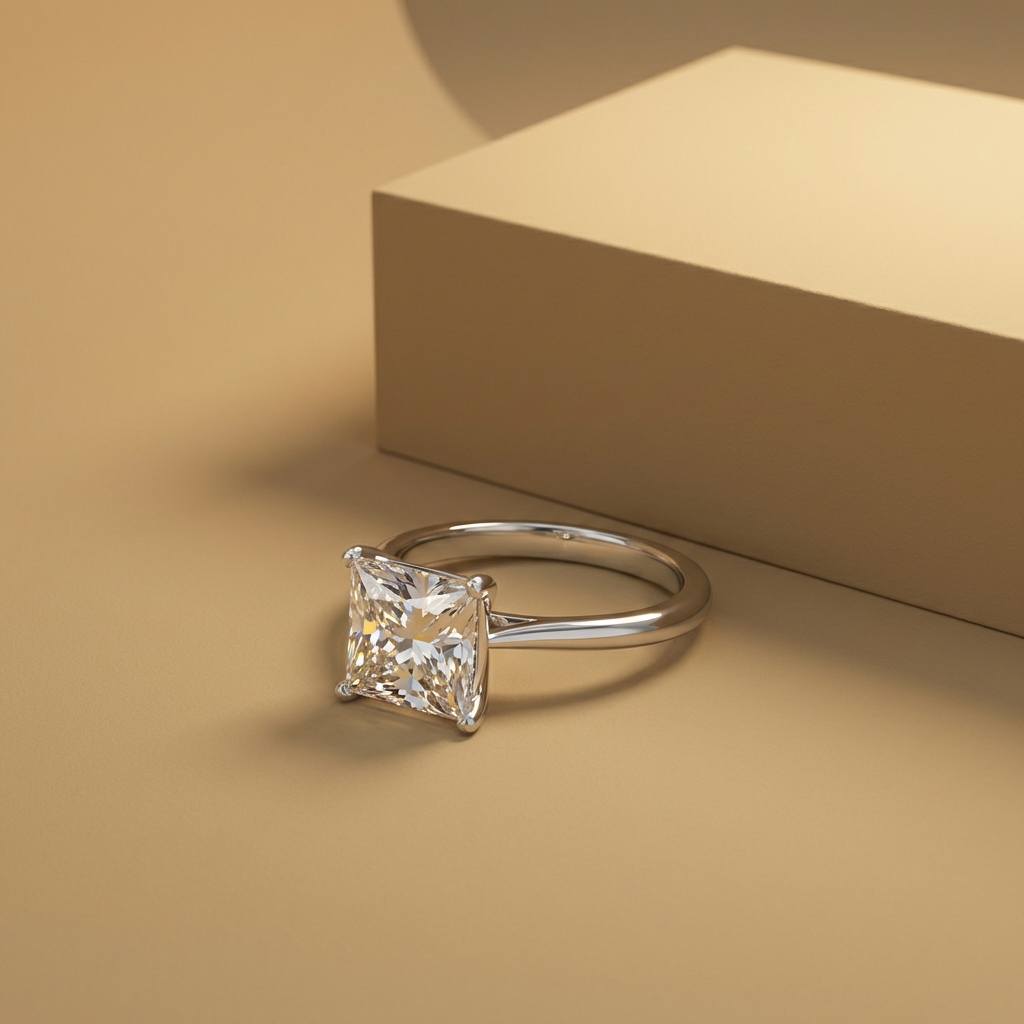 Aurelis™ 5 carat moissanite solitaire ring in platinum-plated 925 sterling silver with minimalist prong setting on a beige background