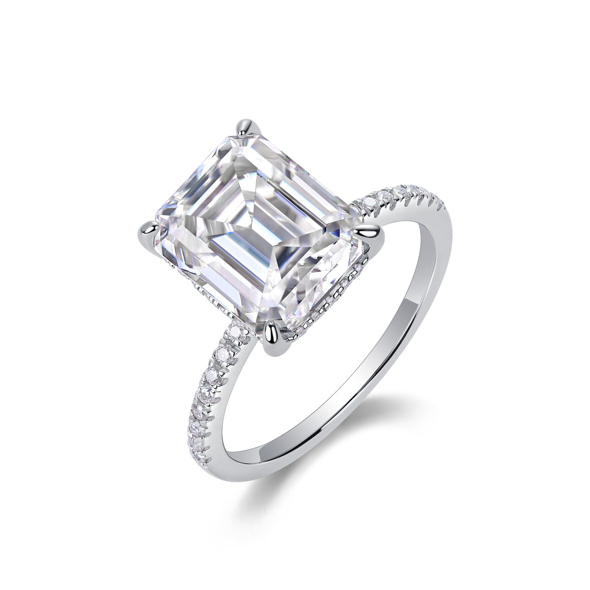 Luminara 9x11mm octagonal moissanite engagement ring in platinum-plated sterling silver cathedral setting by Merchluxx on a white background 