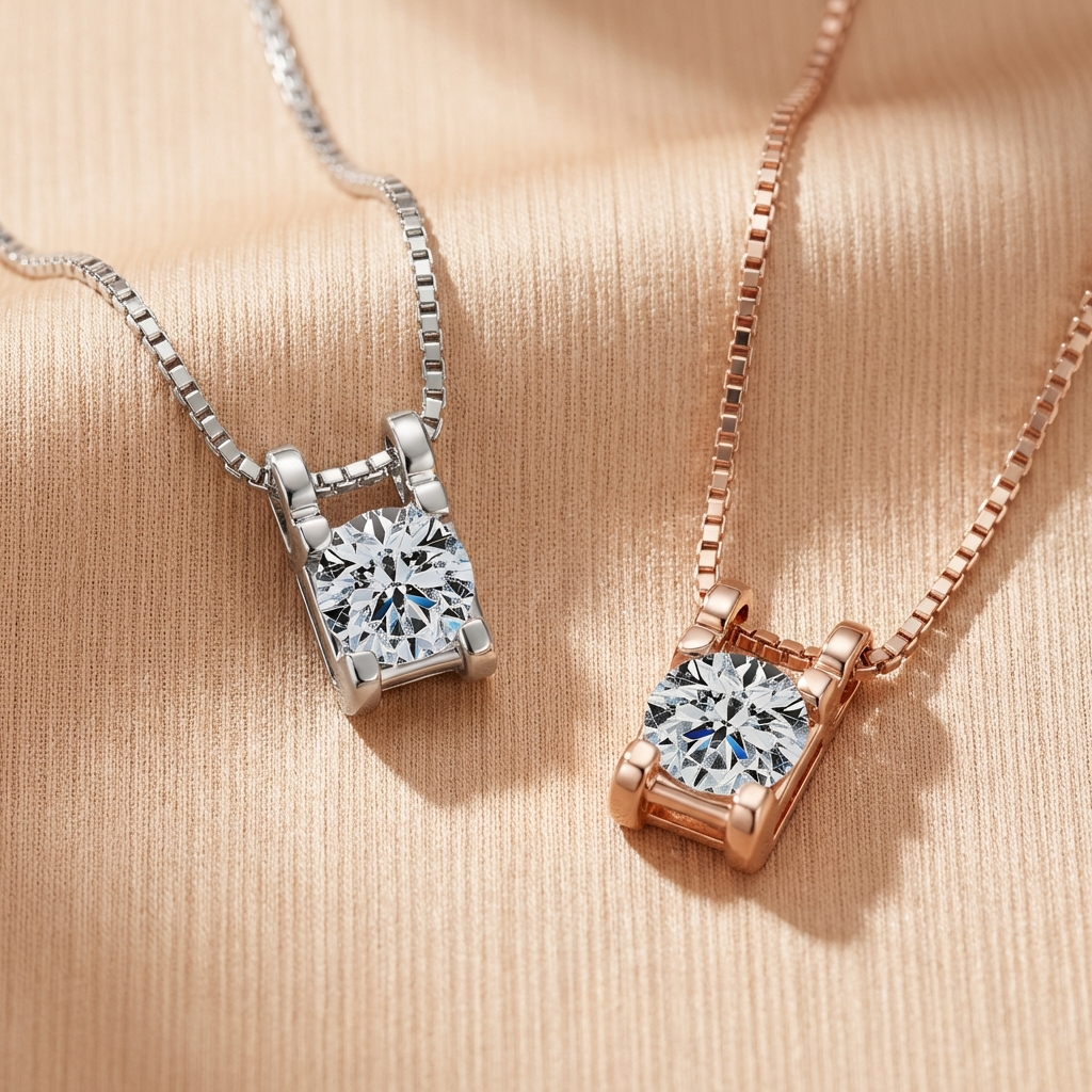 Celestique moissanite pendant necklace in platinum and rose gold-plated sterling silver on a beige fabric background.