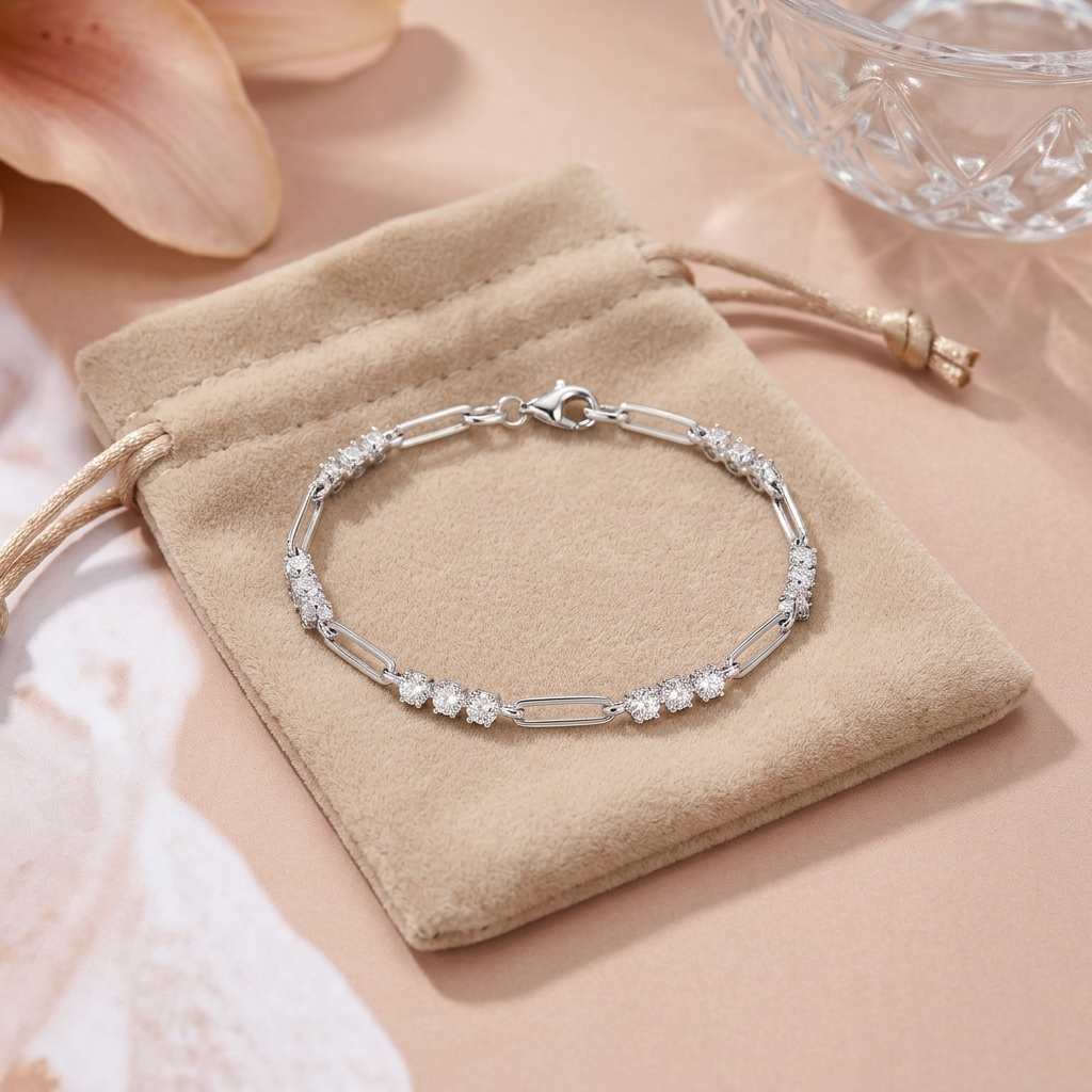 1.8 carat minimalist moissanite bracelet in sterling silver  with clear stones on a beige fabric with a soft pink background