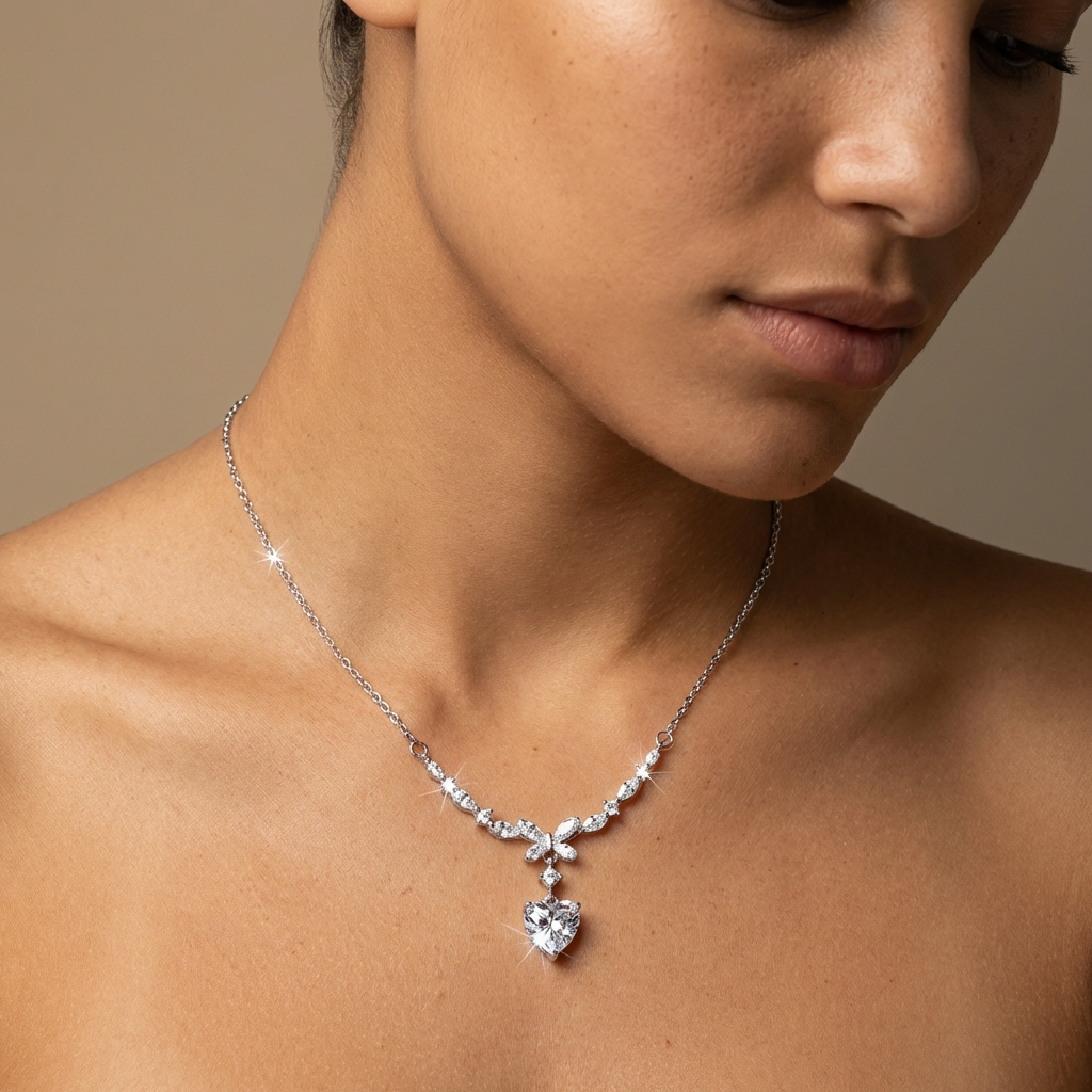 Close up of a women wearing 1 carat heart moissanite vine necklace in platinum-plated 925 sterling silver with marquise accent stones