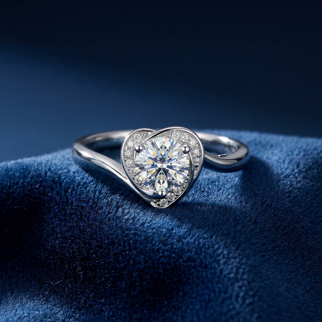Close-up shot of the 1-carat heart moissanite swirl ring in platinum-plated 925 sterling silver with zircon accents on a blue fabric background
