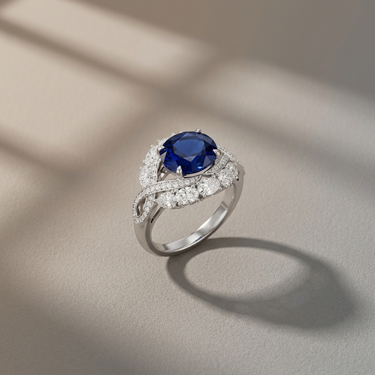 Sapphira 5-carat lab-grown blue sapphire ring in platinum-plated sterling silver by MerchLuxx