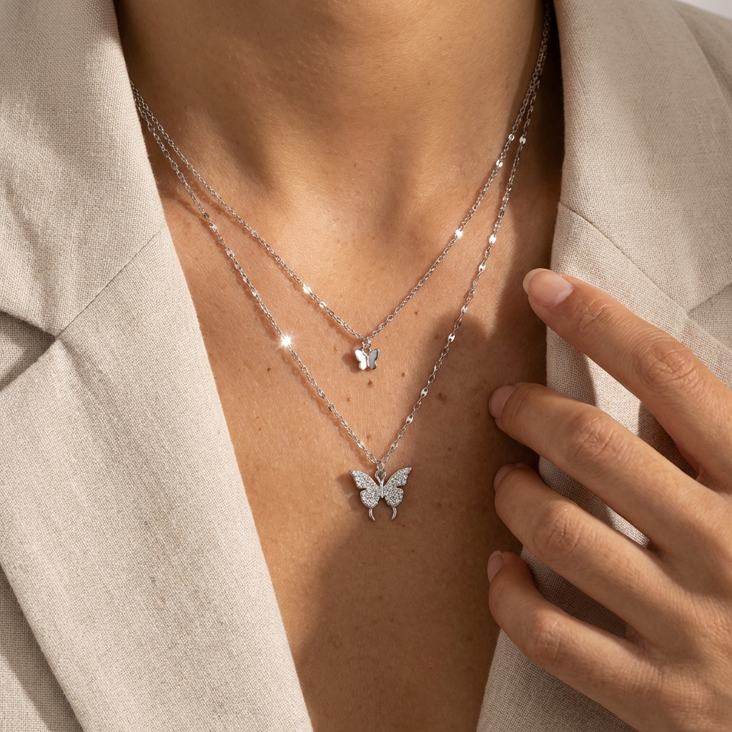 Double-layer sterling silver butterfly necklace with a pavé cubic zirconia pendant by MerchLuxx, worn by a person in a beige blazer.