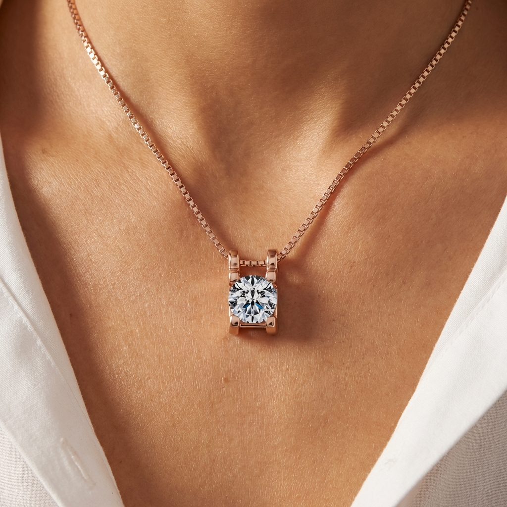 Close up shot of the Celestique moissanite pendant necklace in platinum and rose gold plated sterling silver worn on neck