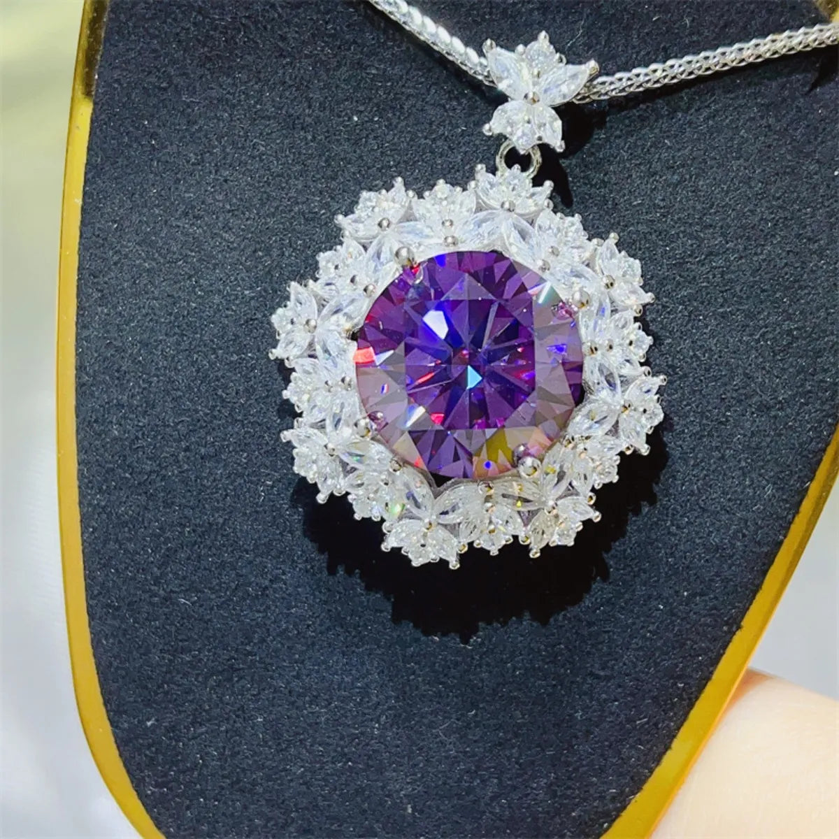 Floriane 10-carat moissanite floral halo pendant necklace in platinum-plated sterling silver by MerchLuxx