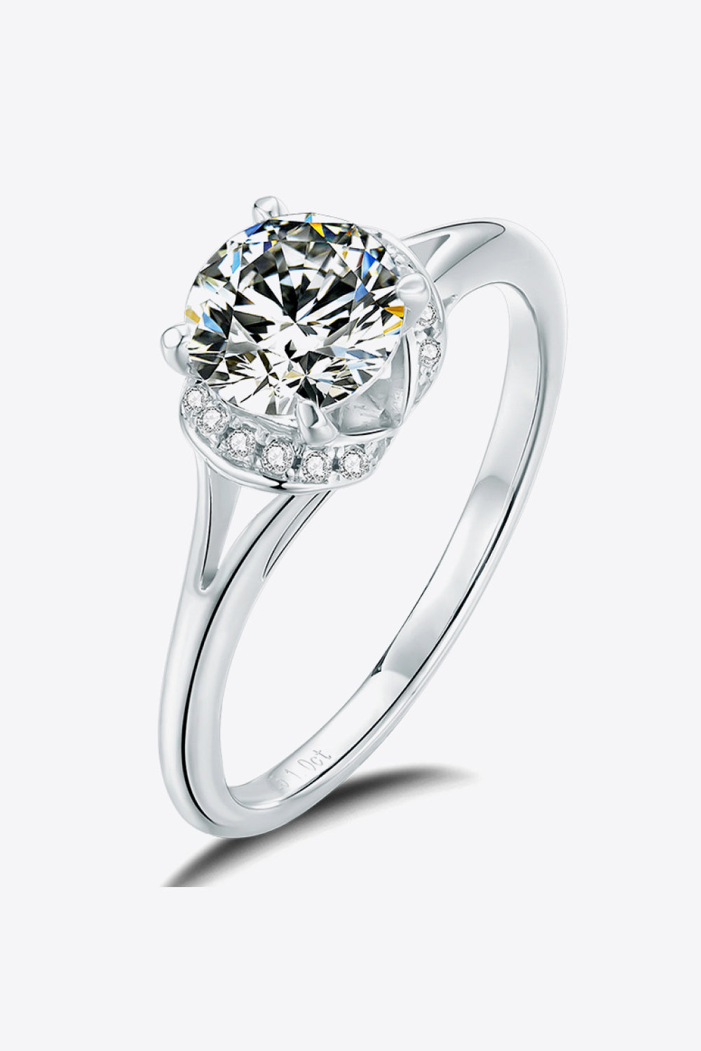 Velora moissanite split shank ring with brilliant center stone and polished silver band