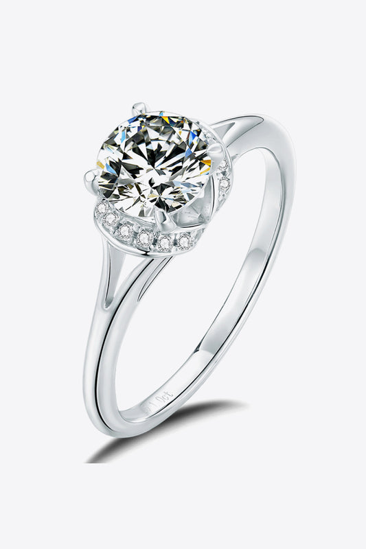 Velora moissanite split shank ring with brilliant center stone and polished silver band