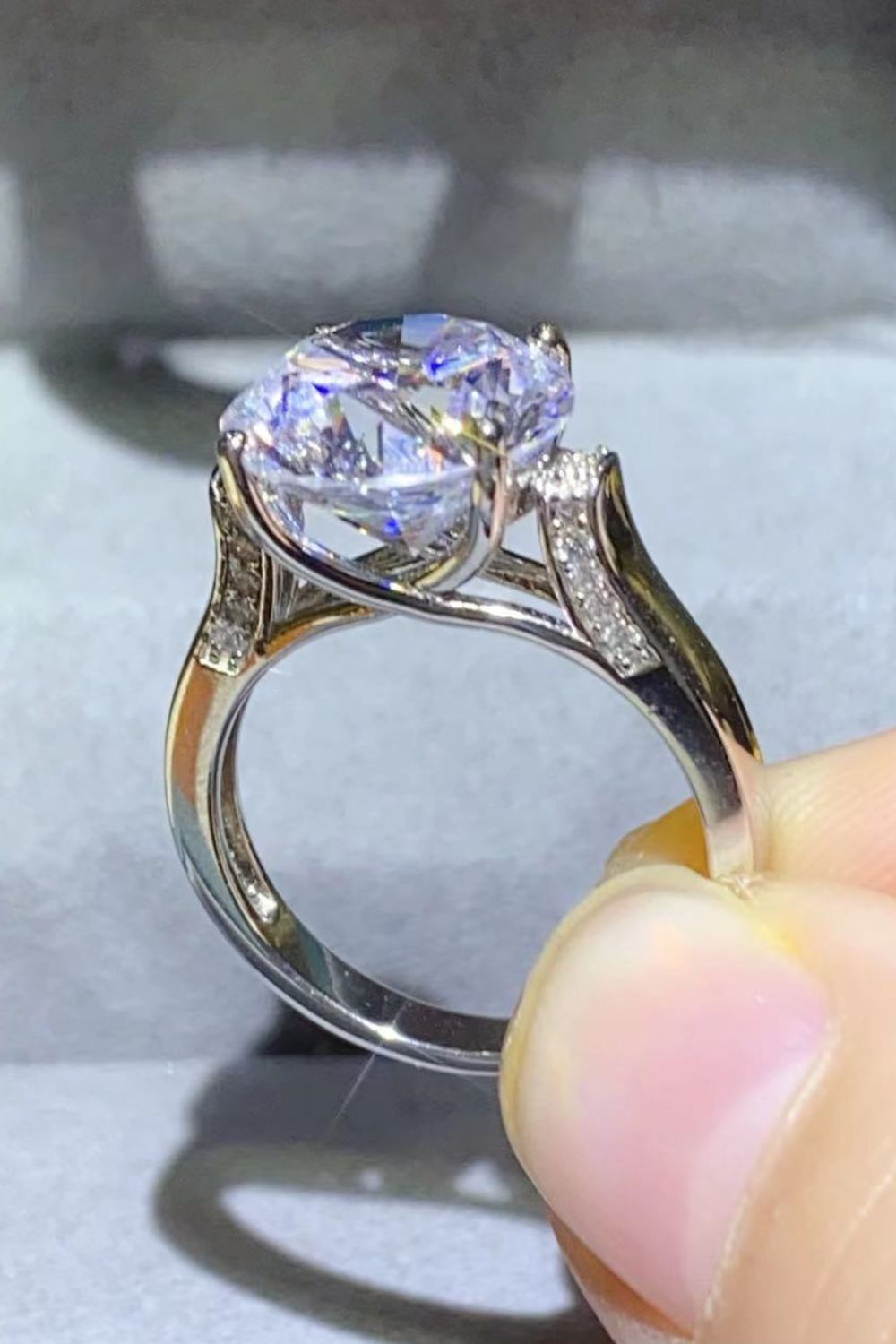 Elystra 5-carat moissanite solitaire ring in platinum-plated sterling silver by MerchLuxx
