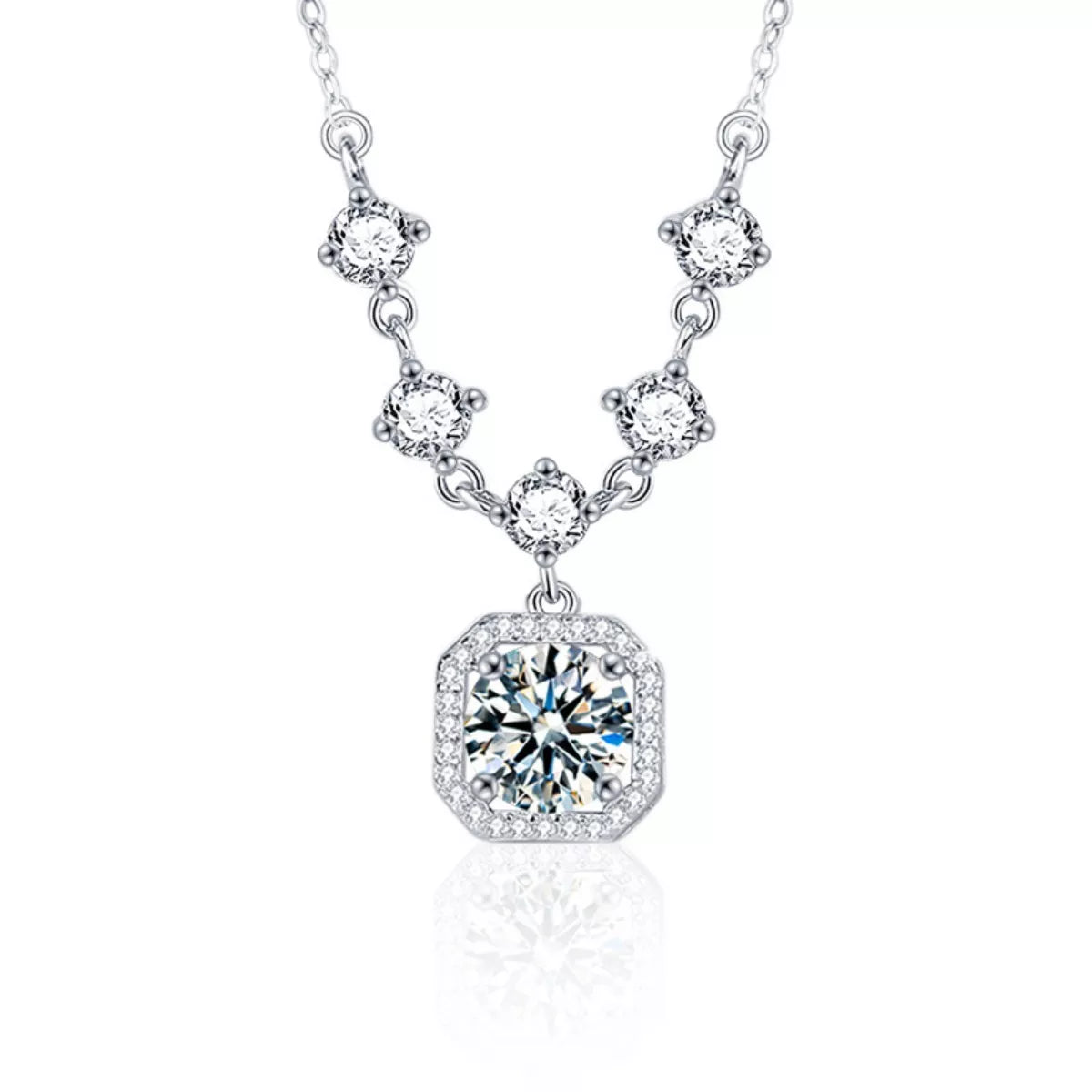 Aureline 2-carat moissanite square pendant necklace in platinum-plated sterling silver by MerchLuxx