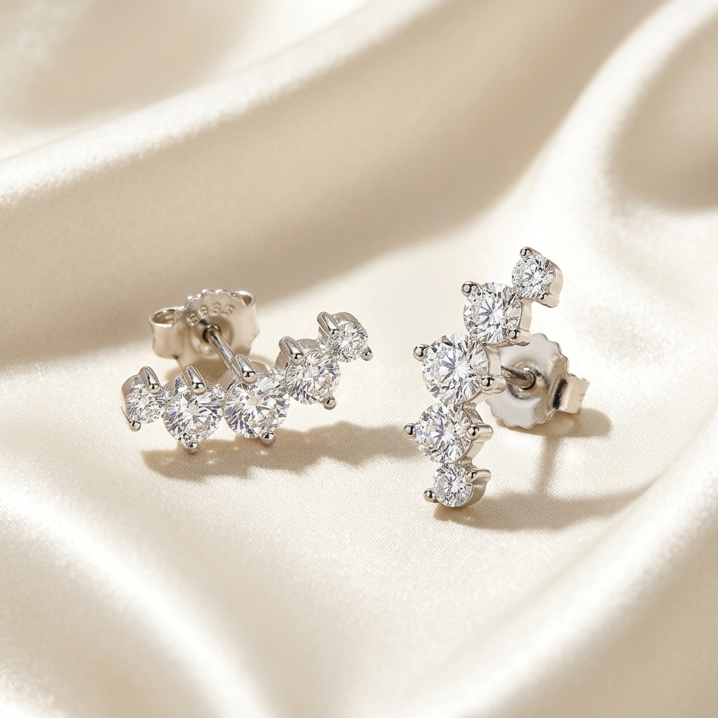 Platinum plated moissanite drop stud earrings in sterling silver