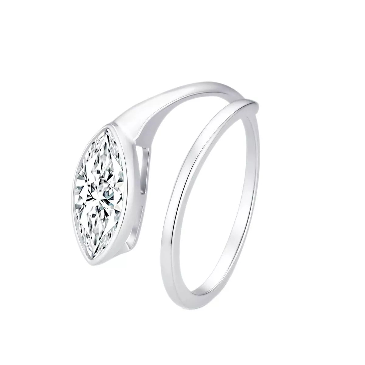 Close-up of elegant marquise-cut bypass ring in sterling silver