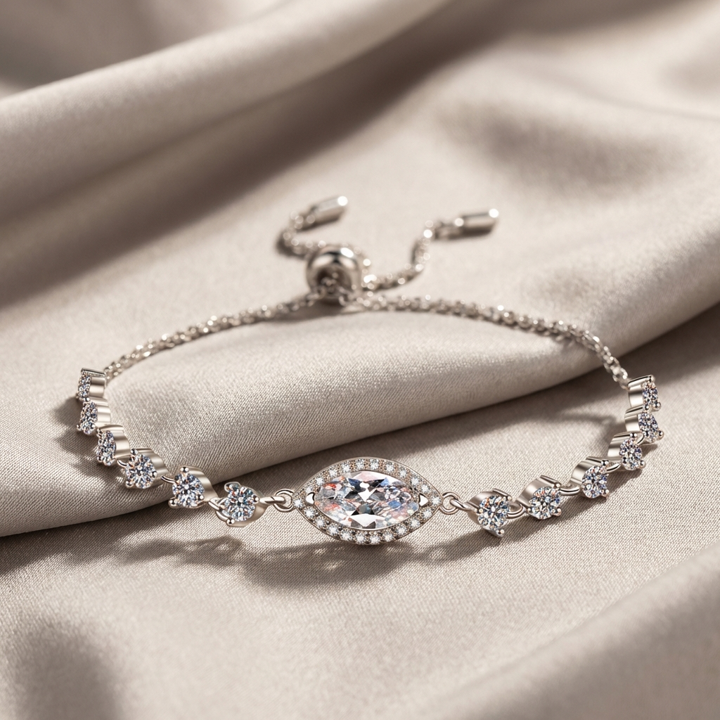 A Celestique 1 carat moissanite sterling silver bracelet, platinum-plated, elegant, minimalist MerchLuxx bracelet with gemstones on a beige fabric background