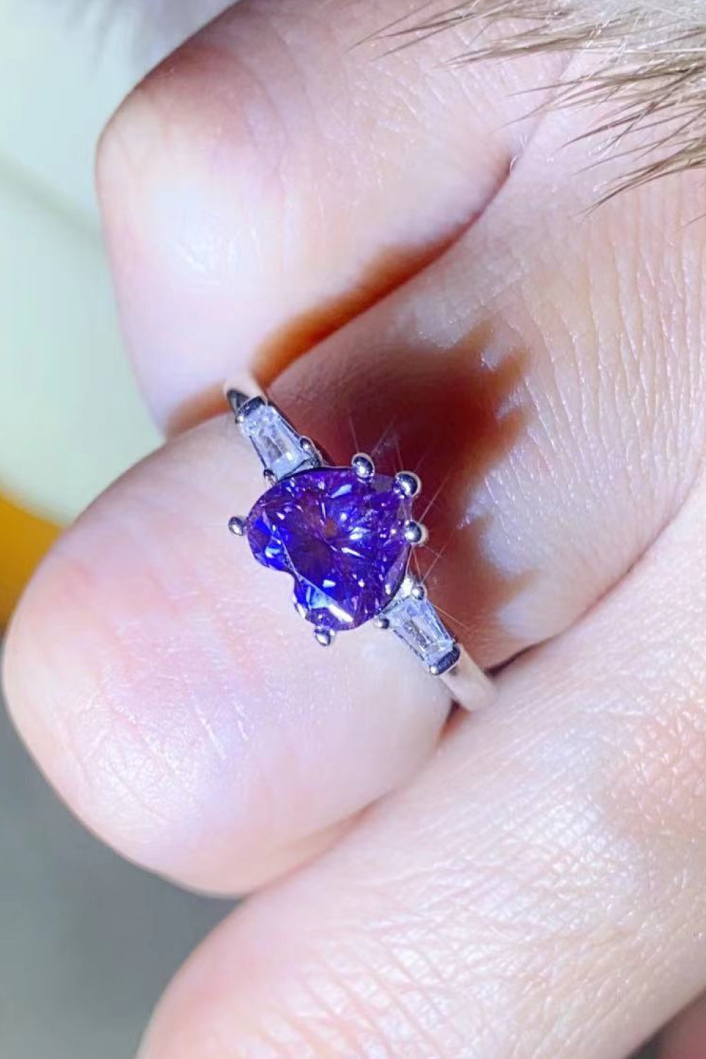 Violetta 1-carat purple heart-shaped moissanite ring in platinum-plated sterling silver by MerchLuxx