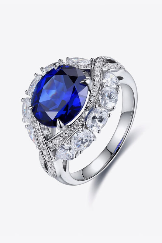 Sapphira 5-carat lab-grown blue sapphire ring in platinum-plated sterling silver by MerchLuxx