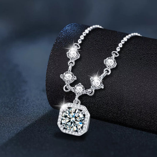 Aureline 2-carat moissanite square pendant necklace in platinum-plated sterling silver by MerchLuxx