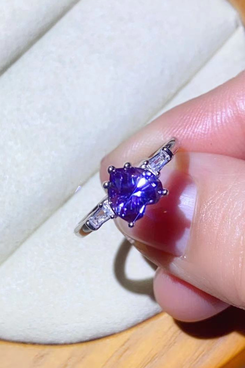 Violetta 1-carat purple heart-shaped moissanite ring in platinum-plated sterling silver by MerchLuxx