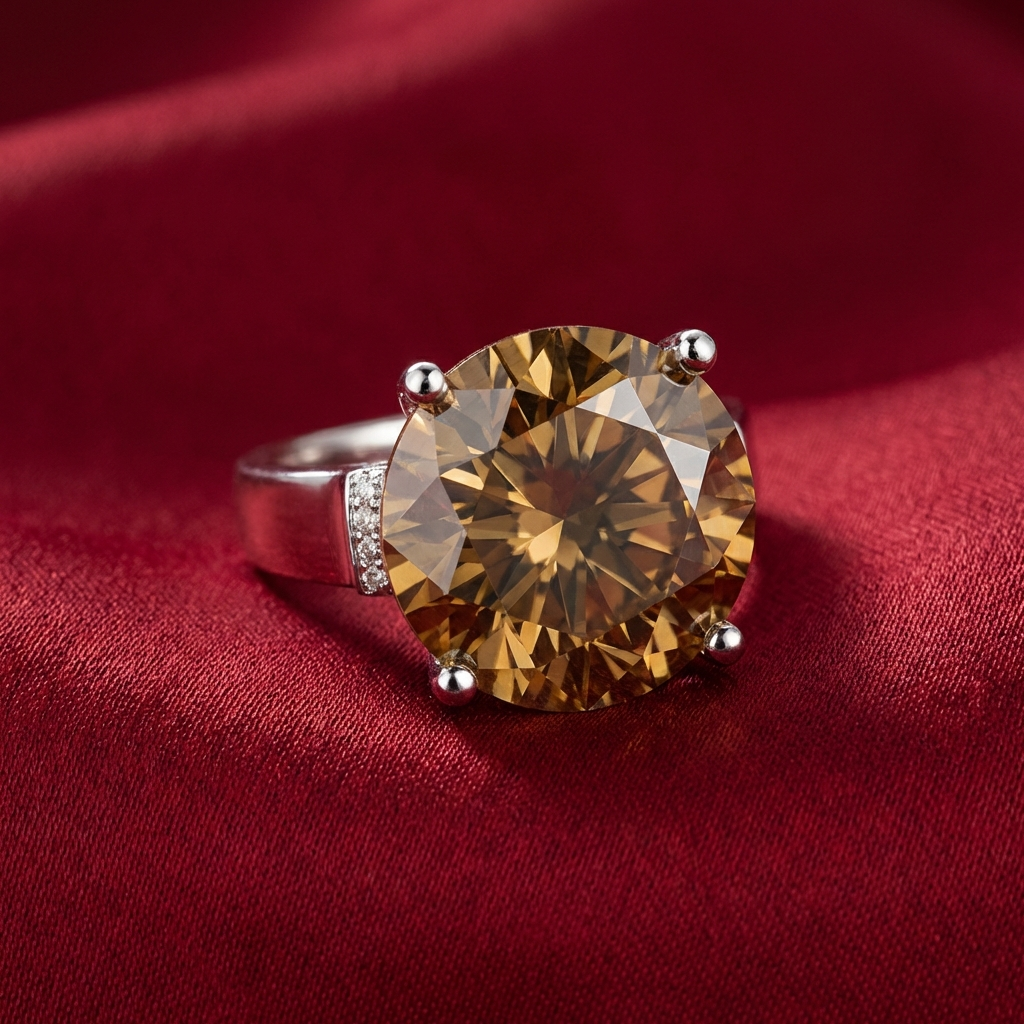 Aurelion 20-carat golden moissanite ring in sterling silver by MerchLuxx, on a red fabric background