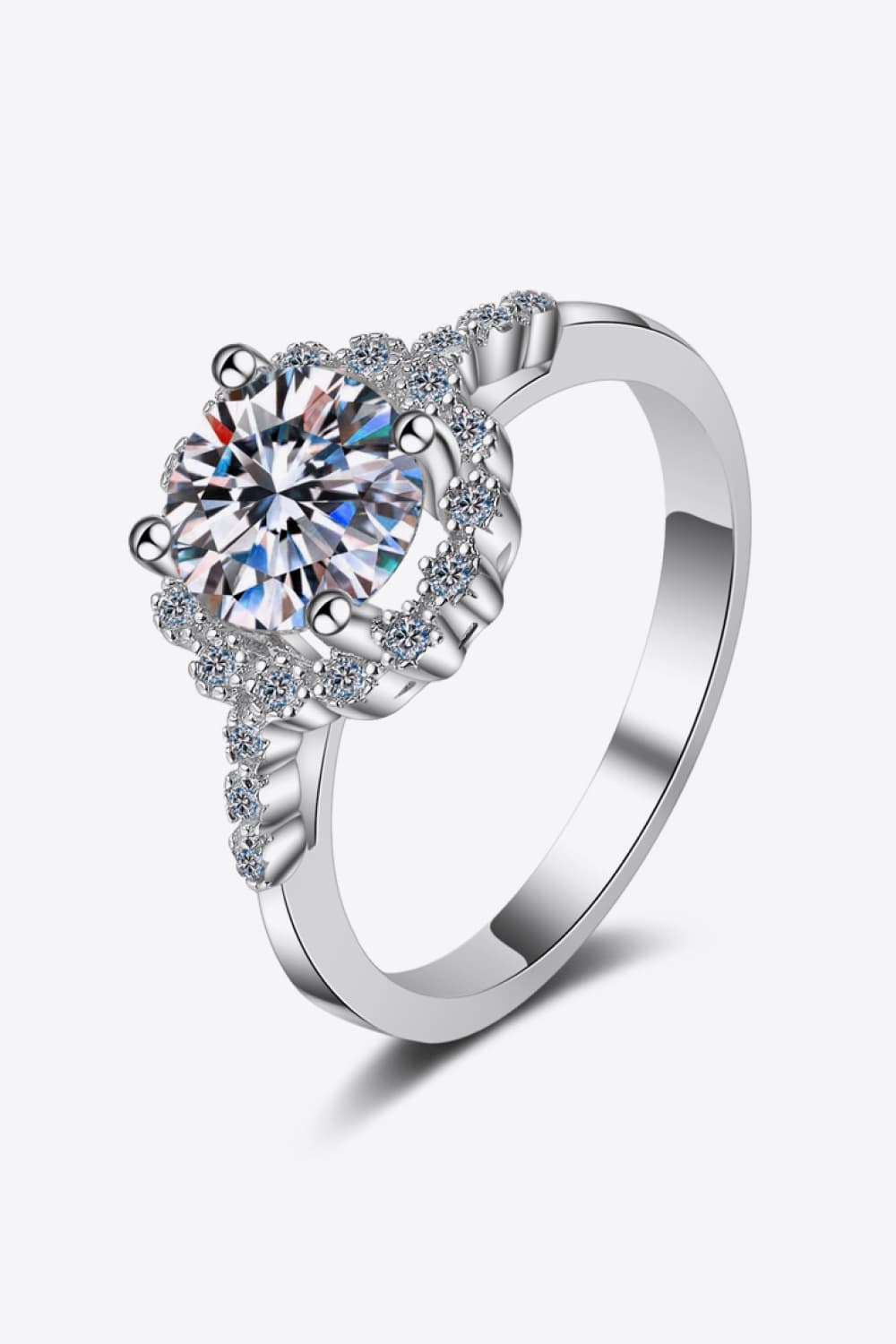 Aurivelle™ Classic Halo Ring in rhodium-plated 925 sterling silver with a 1-carat round moissanite