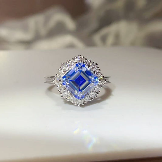 Sapphire™ Blue Halo Ring with a 3-carat blue moissanite in platinum-plated 925 sterling silver