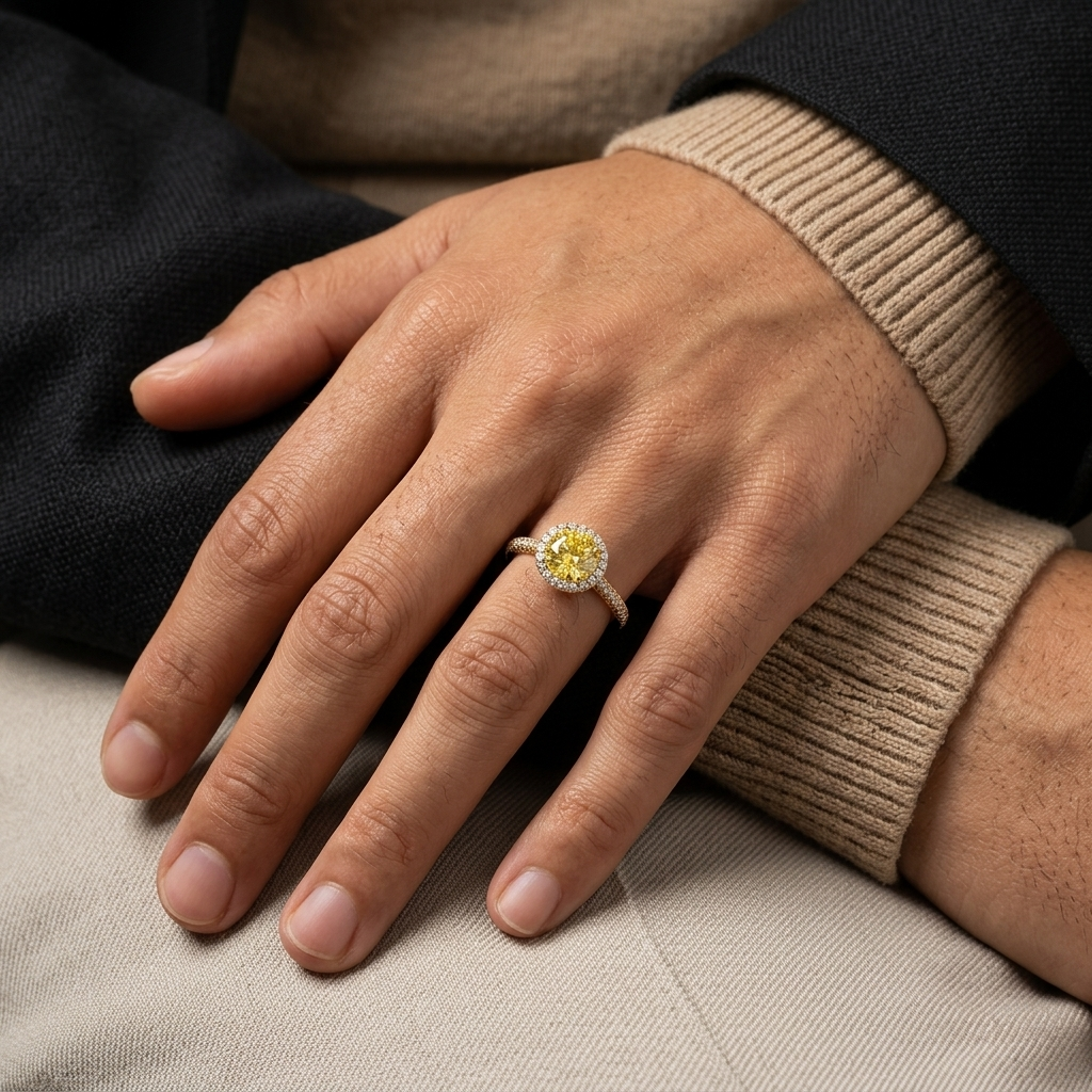 The Aurélion yellow moissanite halo ring, platinum-plated, sterling silver, MerchLuxx, is displayed against a black background.