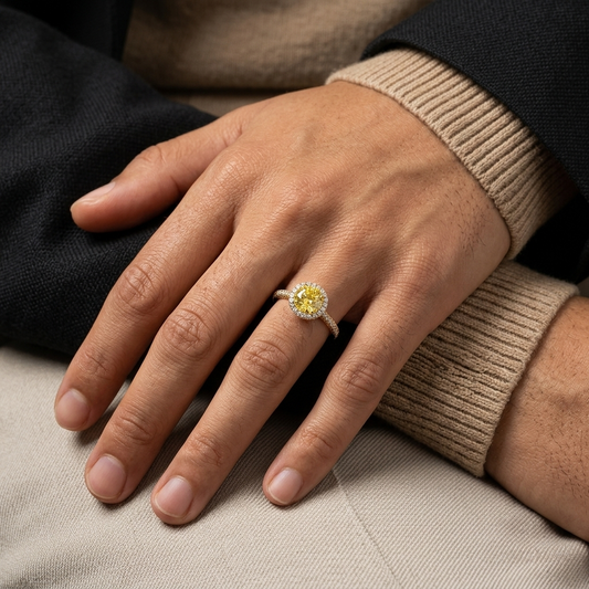 The Aurélion yellow moissanite halo ring, platinum-plated, sterling silver, MerchLuxx, is displayed against a black background.