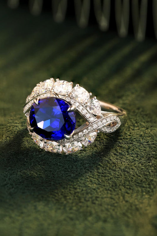Sapphira 5-carat lab-grown blue sapphire ring in platinum-plated sterling silver by MerchLuxx