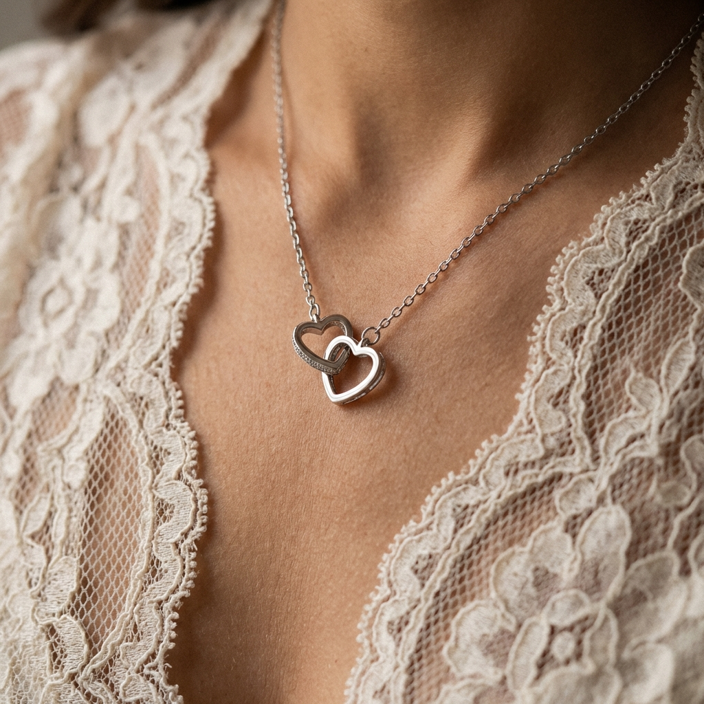 925 sterling silver double heart necklace with zircon accents
worn by a person in a lace garment.