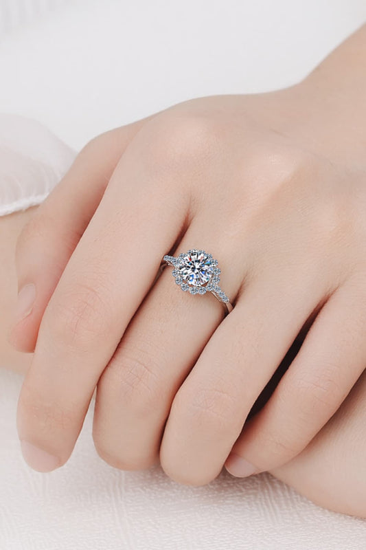 Woman wearing the Aurivelle™ Classic Halo Ring with a 1-carat moissanite center stone