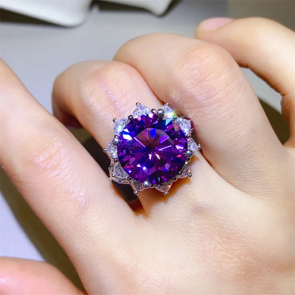 Floravelle 10-carat violet moissanite floral halo ring in sterling silver by MerchLuxx